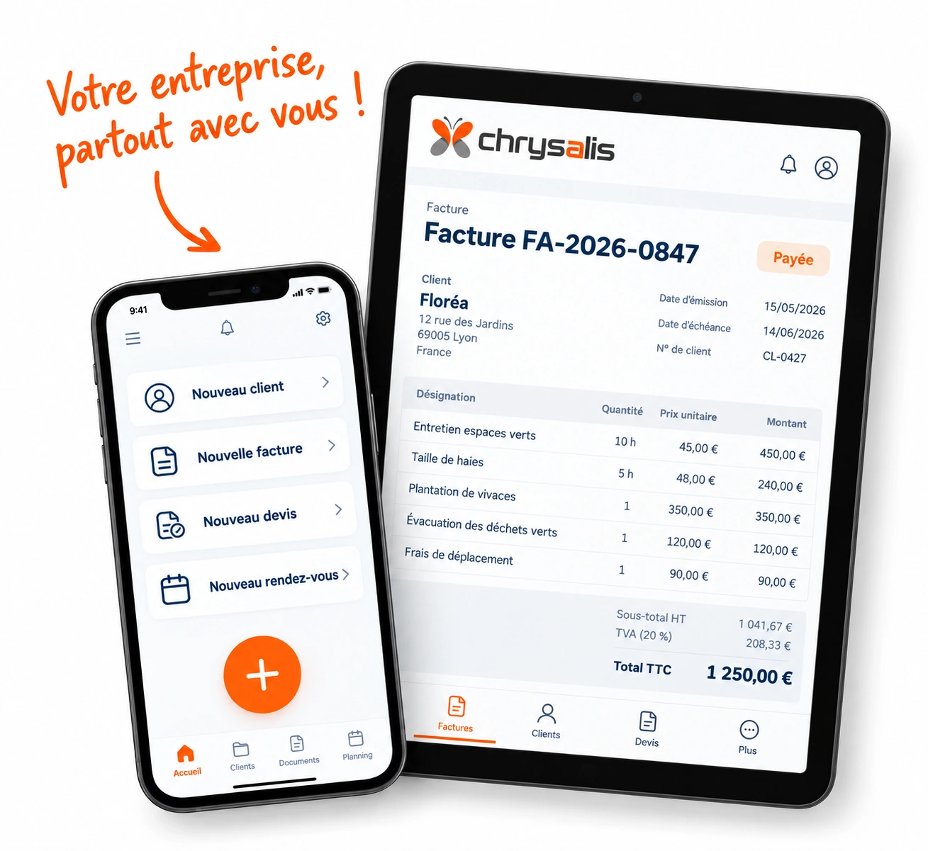 Facture et actions rapides Chrysalis sur tablette et smartphone